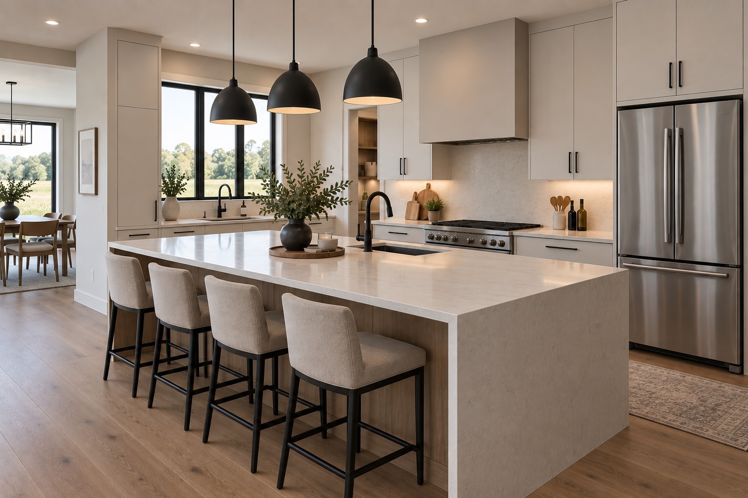 Bright kitchen with waterfall island