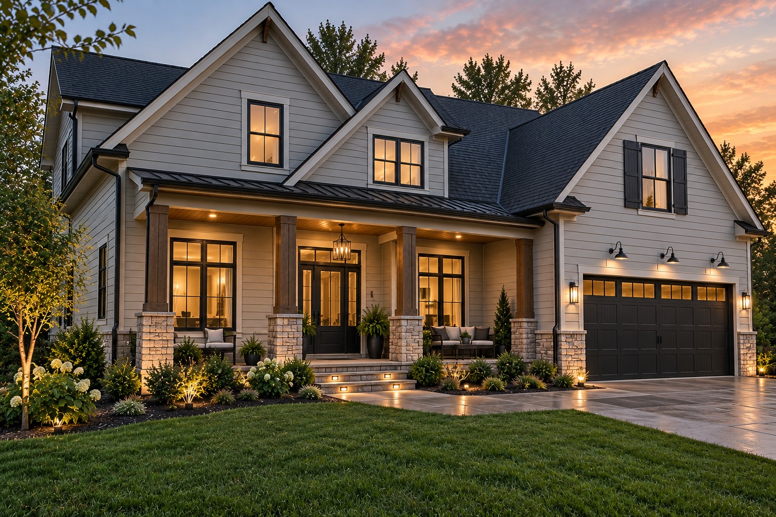 Home with new siding, stone and black trim