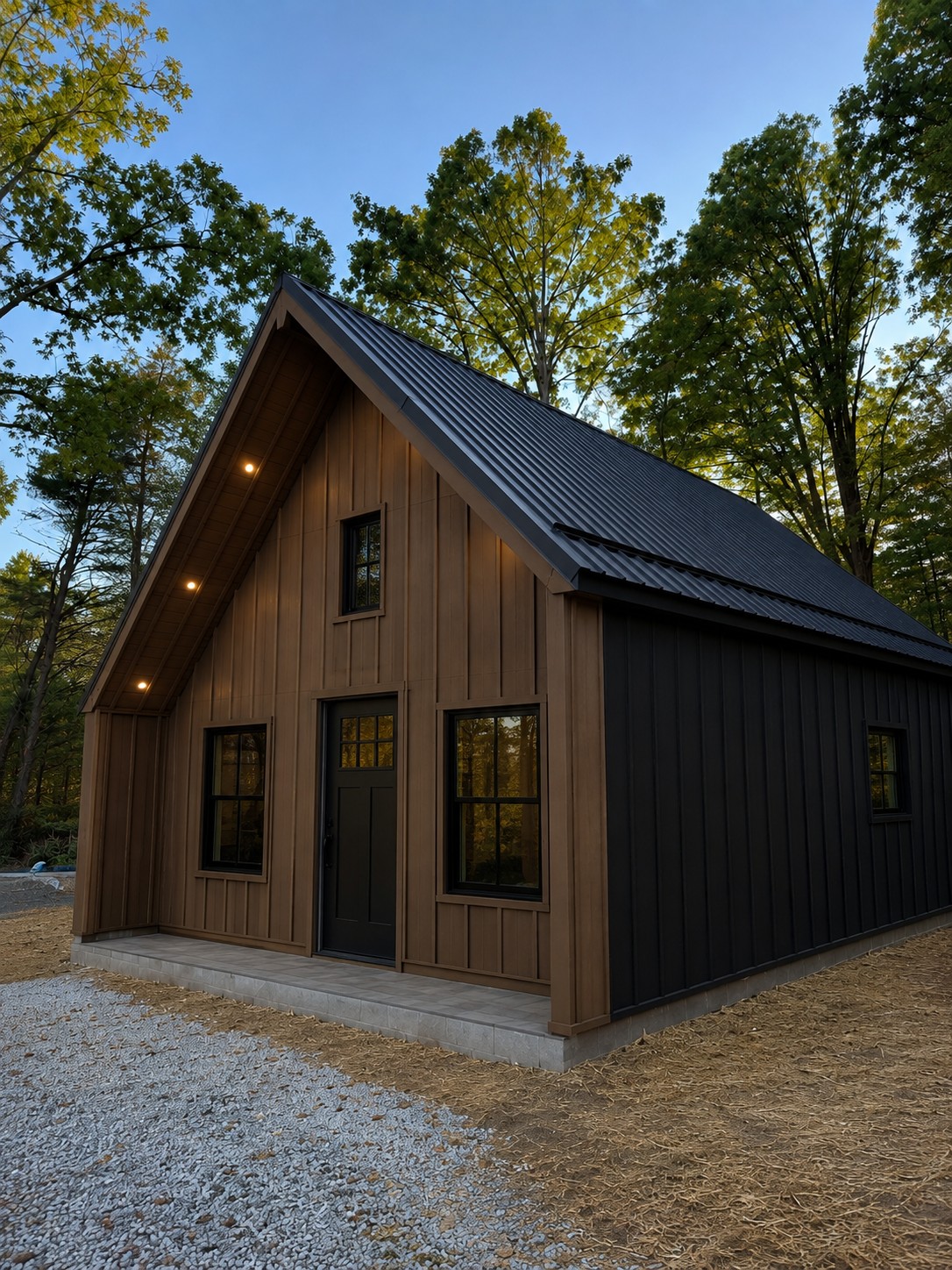 Board-and-batten garage with black roof